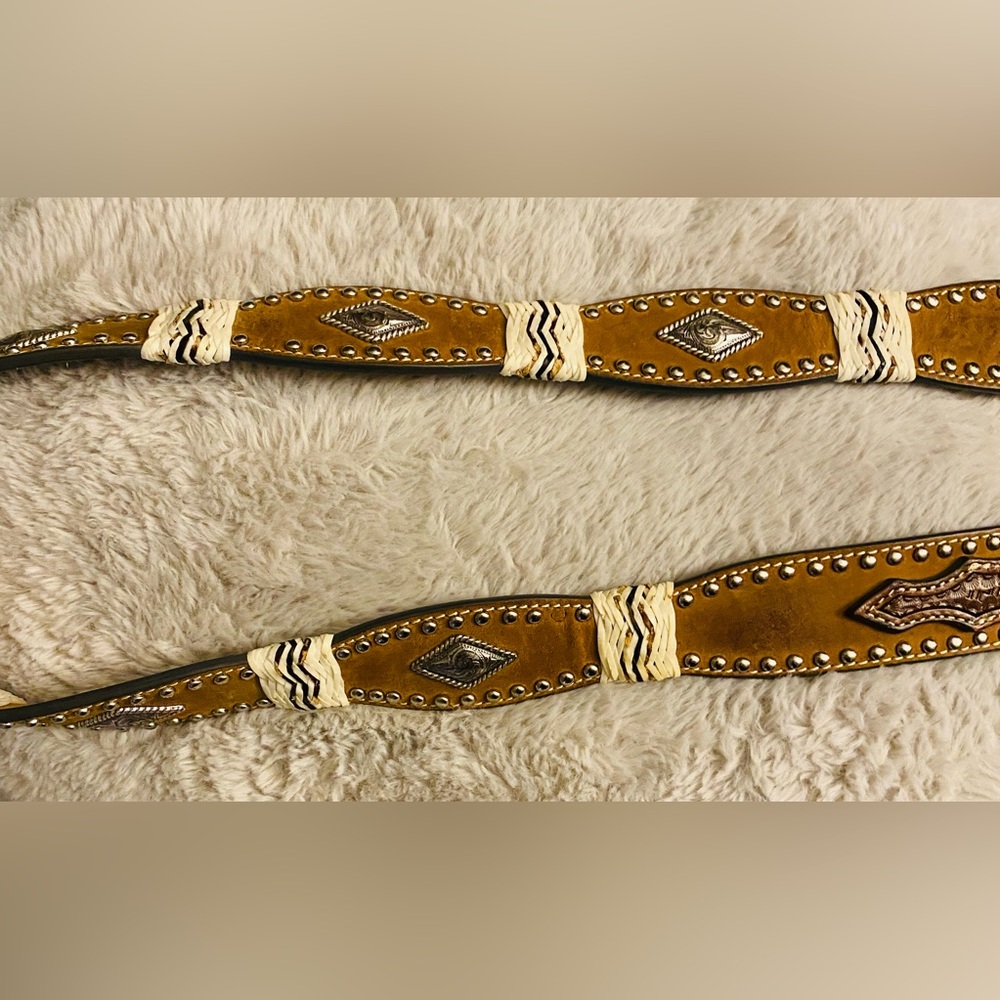 NWOT Nocona Mens Scalloped Basketweave Rawhide Laced Diamond Concho Belt - Picture 11 of 16